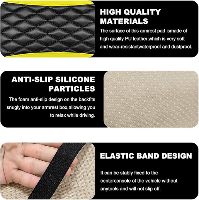 Car Center Console Cushion Pad, 12.6 × 7.48 Inches Waterproof Car Armrest Seat Box Cover, PU Leather Armrest Cover Protector for Most Vehicle, Universal Car Interior Accessories (Black+Yellow)