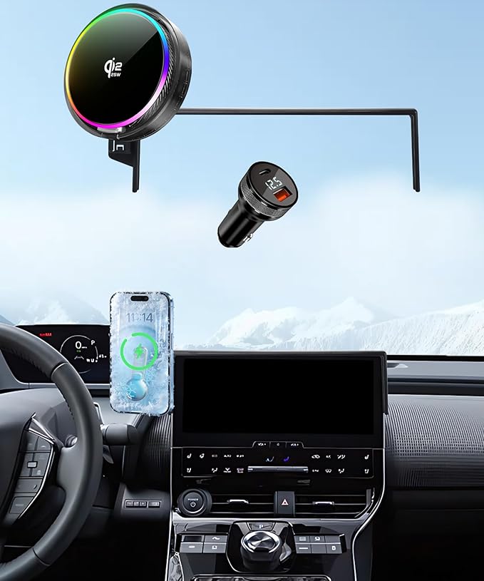 Qi2.2 25W Magnetic Car Mount Charger for 2023 2024 2025 Toyota BZ4X / Subaru Solterra Accessories,for Cell Phone Holder 8/12.3 Inch Screen Fixed Clip with Cooling Fan＆54W Fast Adapter