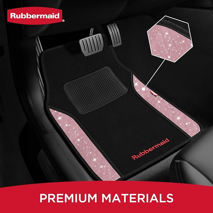 Rubbermaid Bling Car Mats, Carpeted Floor Car Mat with Faux Leather & Built-in Heel Pad, Two-Tone Car Rug Floor Mats, Stylish Carpeted Floor Mats for Cars, Trucks & SUVs Glitter Pink Color
