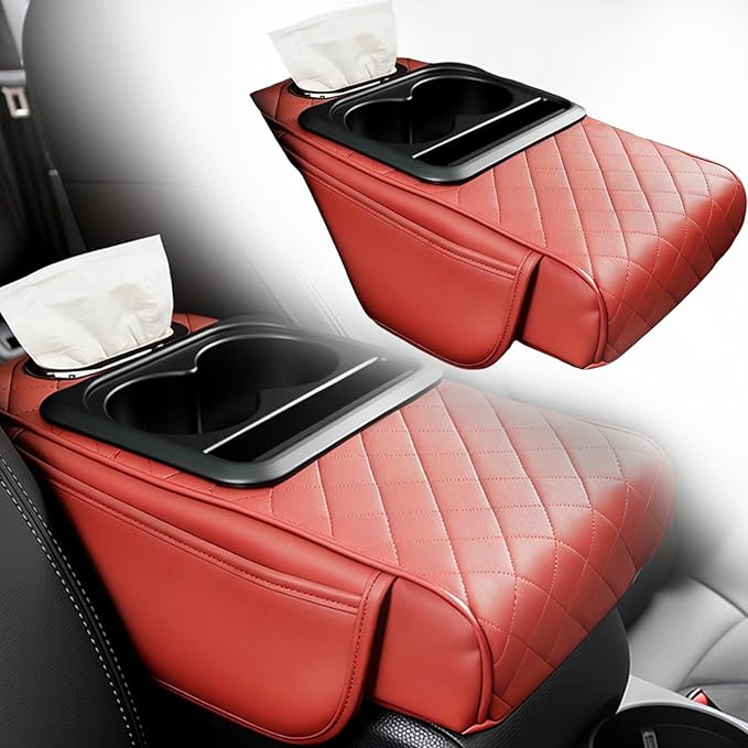 Multifunctional Pu Leather Car Armrest Box Mat, 5-In-1Multifunctional Car Armrest Cushion, Car Arm Rest Cover Pad, Center Console Organizer with Cup Holder, Tissue Box & Phone Slot (Burgundy)
