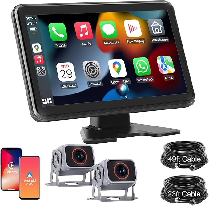 Truck RV Camera System with CarPlay & Android Auto,10'' Touch Screen Monitor with Recording & Voice Control & Navigation, 2 HD1080P Wired Rearview Backup Camera for Semi Trucks, RVs, Trailers