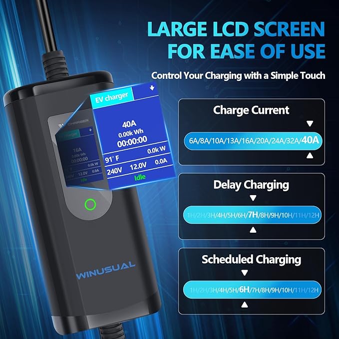 Level 1 and 2 EV Charger, Portable 40A Electric Car Charger with Adapter for Tesla, 110V-240V NEMA 14-50 & 5-15 Plug, 9.6kW EVSE with 25ft Cable