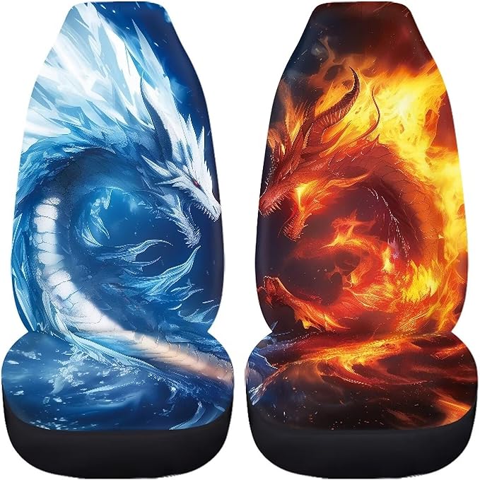 Ice and Fire Dragon Car Seat Covers Front Seats Only Breathable Stretch Polyester Fabric Cover Easy to Install Car Accessories Universal Fit for Most Vehicle