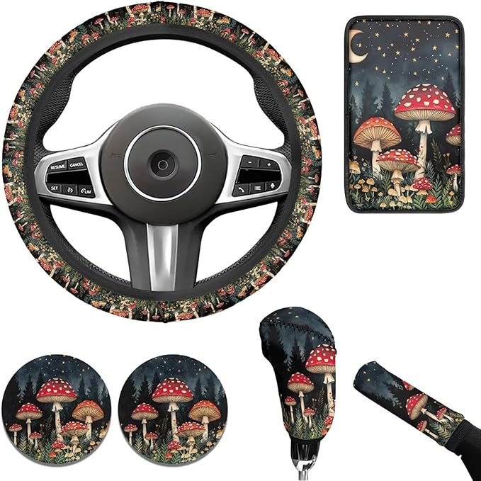 Forest Mushroom Print Car Elastic Steering Wheel Protector for Men Women Auto Interior Accessories Armrest Cover Handbrake Coer Fit for Trucks Vans Suvs