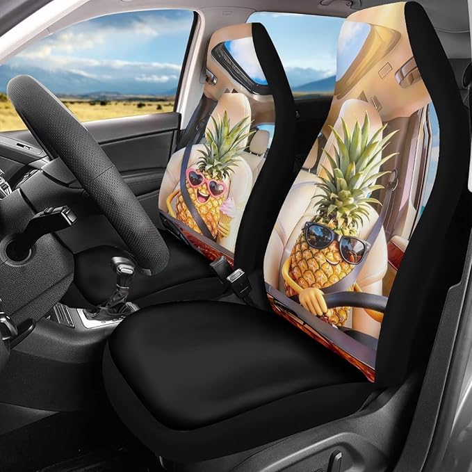 Pineapple Car Seat Covers Set of 2 Funny Breathable Front Seat Covers Stretch Polyester Fabric Cover Removable Automotive Accessories Universal Fit for Cars SUV Sedans