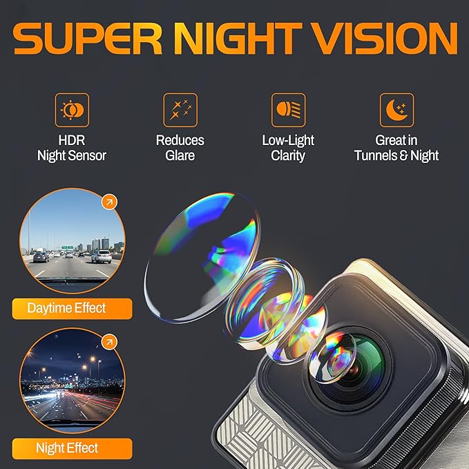 4K Front Dash Cam & 2K Rear Full HD Dash Camera for Cars, Included 32GB Card, 170° Wide Angle, Built-in Wi-Fi, 3" IPS Screen, Night Vision, WDR/HDR, 24hr Parking Monitor
