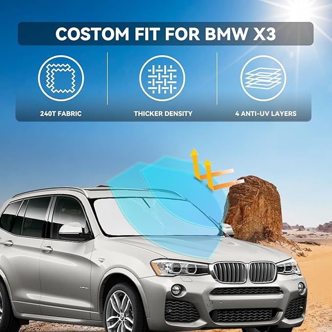 for BMW X3 2011-2017 Windshield Sun Shade - 4 Layers Car Sunshades for Front Windows Shade Cover Custom Fit X3 Sun Visor 250T Retractable Blocks Shade UV Rays Car Accessories