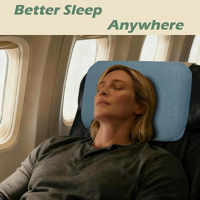 Cooling Camping Pillow, Memory Foam Travel Pillow with Adjustable Buckle Strap & Storage Bag, Compact Small Pillow for Airplane, Car Lumbar, Office, Washable Cooling Cover, Glacier Blue