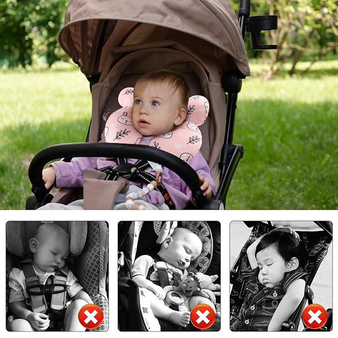vocheer Baby Travel Pillow(Upgraded), Head and Neck Support Pillow for Pushchair, Car Seat,Stroller, Bouncer, Cotton (White Bear)