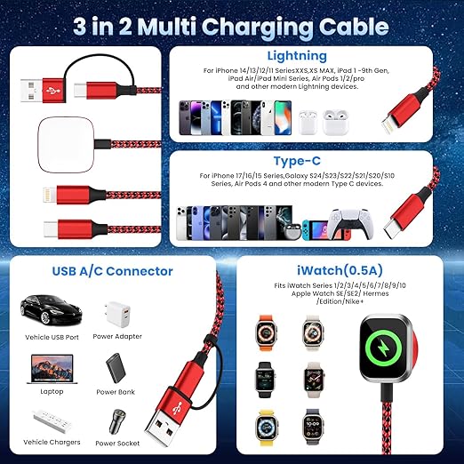 Travel Essentials 3in2 Multi Charging Cable for iPhone Watch Charger,USB A/C to Type C/IP/iWatch charger,Travel Chargers for Multiple Devices Compatible with iWatch Series&iPhone 16-12（2PACK,5FT）