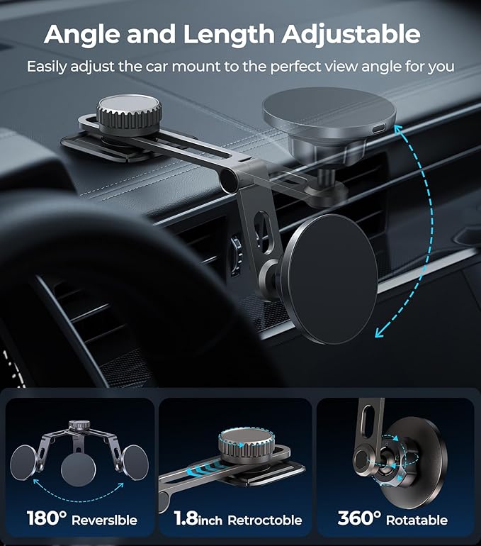 Tesla Phone Mount Charger for iPhone MagSafe 【Hidden Foldable Design】 15W Wireless Charging, Universal Car Magnetic Dashboard Phone Holder, Tesla Model 3/Y/Cybertruck Accessories