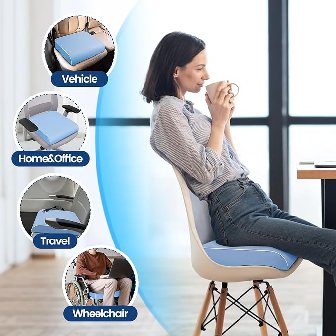 Seat Cushion for Tailbone Pain Relief, Office Chair Cushion, Memory Foam Large Chair Cushion with Non-Slip Cover for Soft Support at Office Chair, Car Seat, Airplane Light Blue/2X-Large
