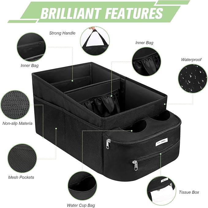 FUNNy elf Passenger Seat Organizer, Collapsible Car Storage with Partitions & 4 Cup Holders for Front or Back Seat