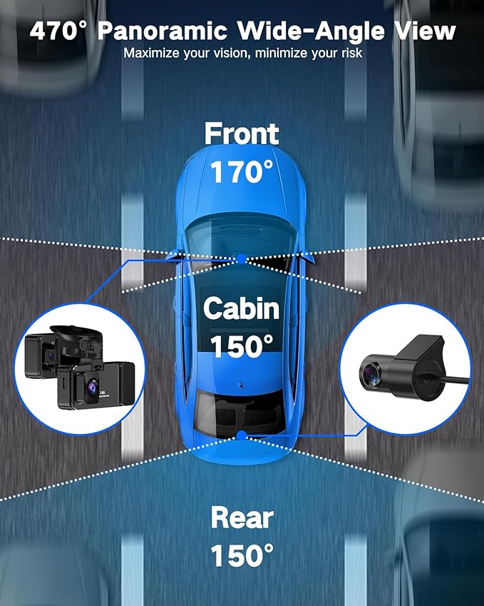 3 Channel 4K Dash Cam, Dash Cam Front and Rear Inside 170°/150°/150° Wide Angle View, Dash Camera for Cars with 64GB Card Included, Loop Recording, Night Vision, G-Sensor, 5GHz WiFi, 24Hr Parking