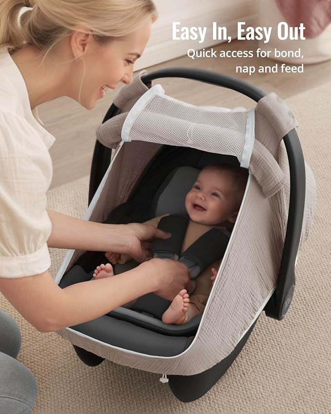 Blissful Diary Baby Car Seat Cover, Extra Large Mesh Window, Breathable Muslin Cotton, Infant Windproof Canopy, Agreeable Gray