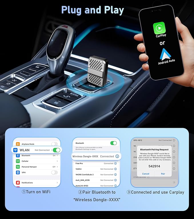Tsnam Wireless CarPlay & Android Auto Adapter, USB Dongle for Car, Converts Wired to Wireless, Plug & Play, Auto-Connect, Compatible with iPhone and Android