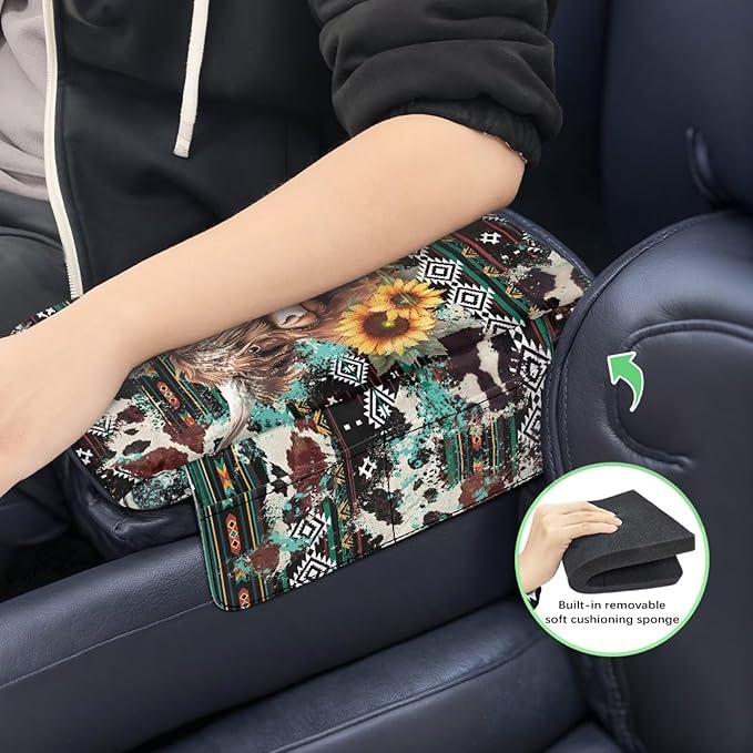 Wanyint Aztec Highland Cow Sunflower Car Center Console Cover Soft Armrest Cover Protector Wear-Resistant Non-Slip Middle Console Pad Protective Cover for Car Storage Box Universal Fit