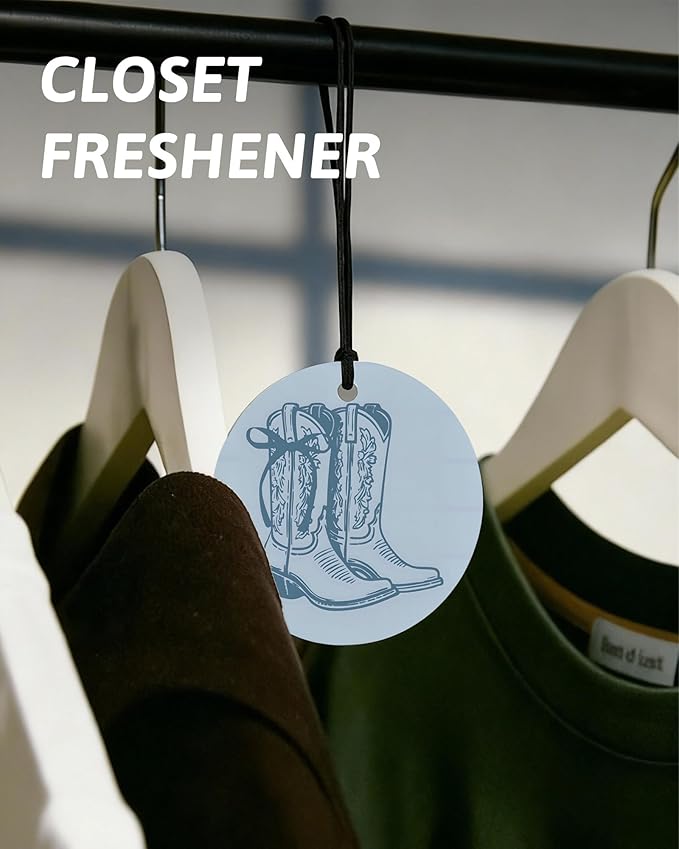 Boho Blue Western Round Car Air Freshener 4 Pcs, Preppy Cow Skull Cactus Cowgirls Boots Hanging Air Freshener for Cars Closet Drawer Books, Western Car Accessories Mirror Decor for Women