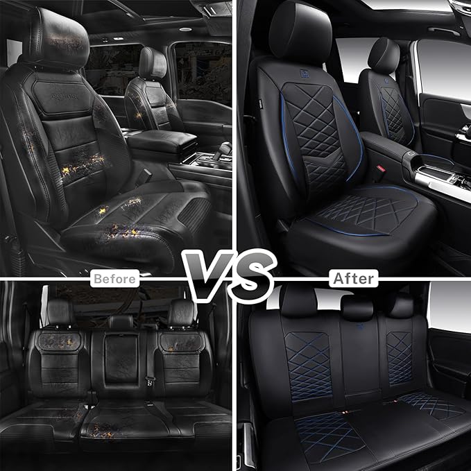CAR PASS Luxury Nappa Leather Seat Covers Full Set, Water Resistant Faux Leather Seat Cover with Lumbar Support, Breathable Automotive Seat Covers Universal Fit for Sedan SUV Van Truck, Black Blue