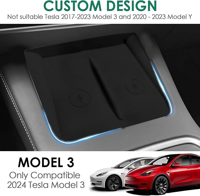 Center Console Wireless Charging Silicone Mat Compatible with Tesla Model 3 2024 Accessories Waterproof Cover Interior Pad Non-Slip Mats Phone Tray Upgrade Protector Mats (Black)