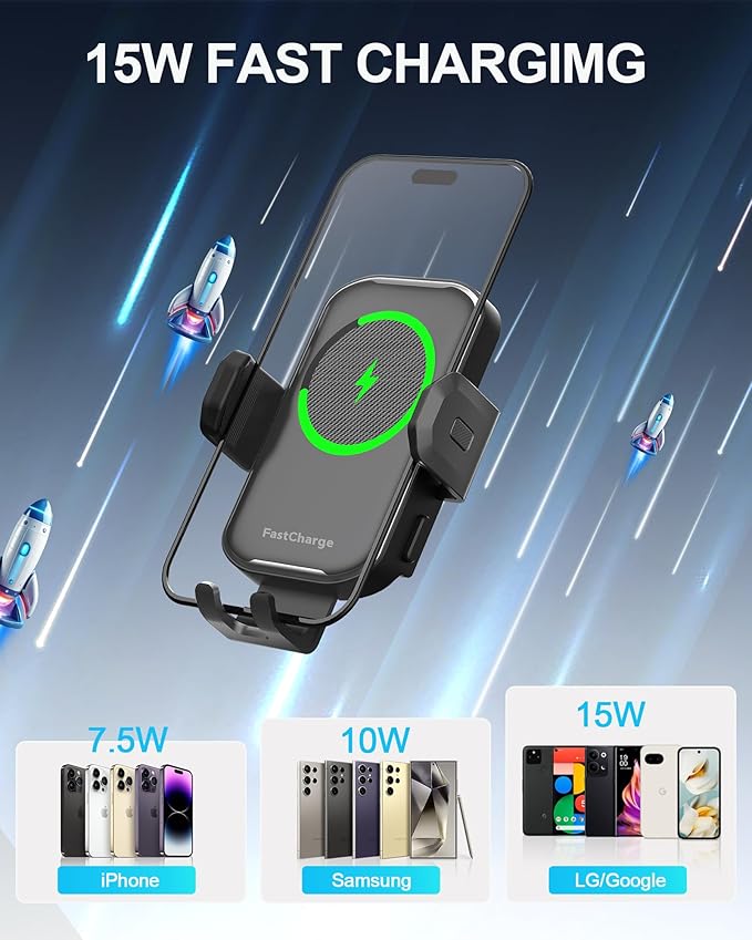 Wireless Car Charger,15W Fast Charging Auto Clamping Phone Holders for Your Car Compatible with iPhone 16/15/14/13, for Samsung Galaxy S24 Ultra S23 S22 S21, S20, S10+