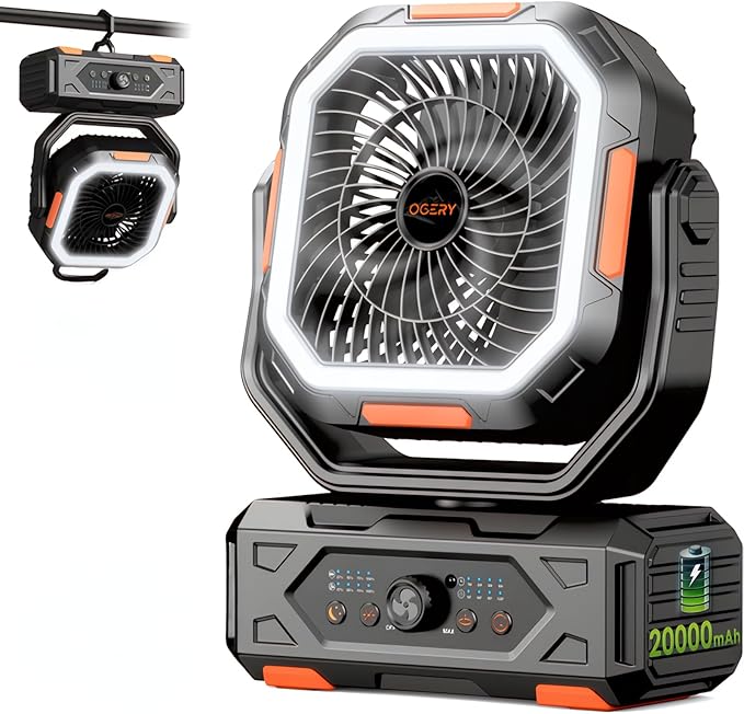 OGERY Camping Fan, Portable Fan Rechargeable with 20000mAh Battery, Stepless Speed Control, Fast Charging, Remote & LED Lantern for Tent, Travel, Car Camping, Camping Essentials