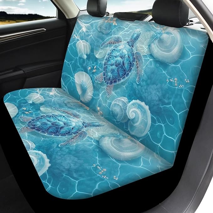 KEIAHUAN Blue Sea Turtle Front and Back Car Seat Covers Front Saddle Blanket Rear Split Bench Protection Cover Soft and Breathable Automotive Accessories Universal Fits Sedan Truck SUV