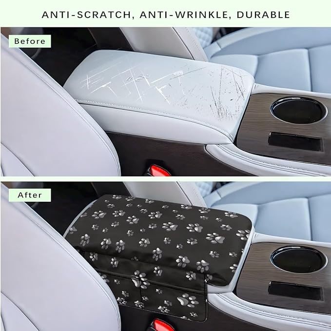 Dreaweet White Dog Paw Center Console Cover with Pockets Cute Car Accessories for Women Interior,Thick Arm Rest Cover for Car Truck SUV,Universal Car Armrest Cover Cushion Pad