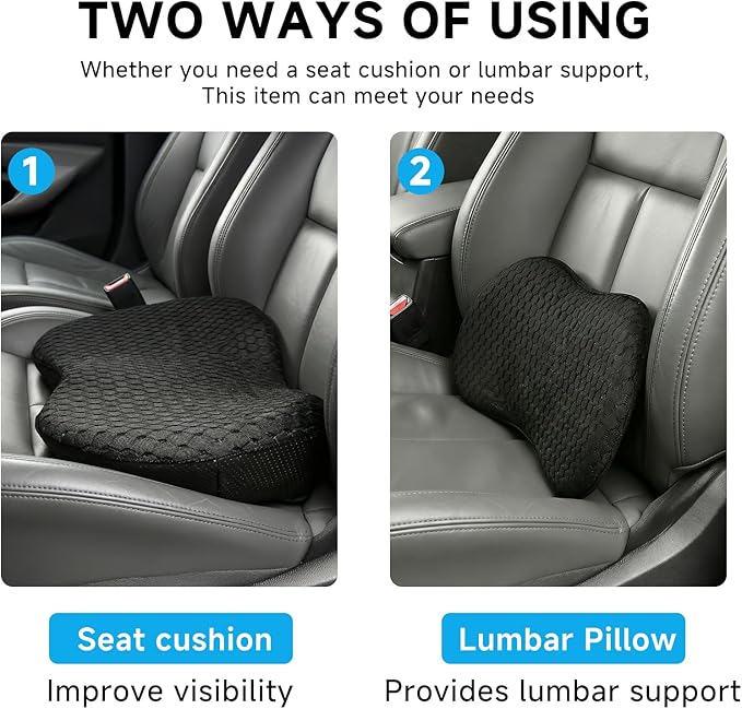 Car Seat Cushion - Memory Foam Seat Pad for Sciatica & Lower Back Pain Relief - Driving Cushion with Breathable Mesh Cover - Road Trip Essentials for Drivers (3D Black)