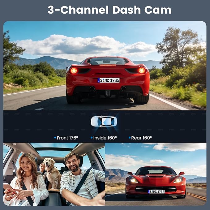 Miden 4K WiFi Dash Cam Front and Rear Inside, Free 64G SD Card, 2160P+1080P+1080P FHD 3 Channel Dash Camera for Cars, Night Vision, 24H Parking Monitor, 360° All Sides Dashcam, G-Sensor, WDR