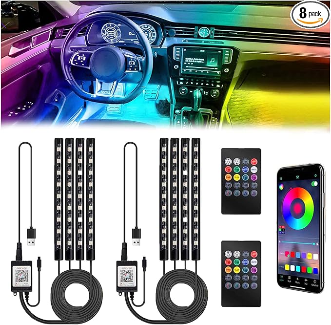 BFXM Car Interior Lights, 5V LED Strip Lights with USB Adapter, Ambient Lighting Car Accessories, App & Remote Control Music Sync Color Change Lights for Truck Car Decor (36LED Beads) -2 Set