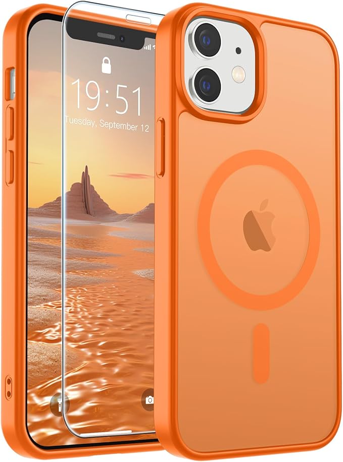 SUPFINE Magnetic for iPhone 12 Case/iPhone 12 Pro Case with Screen Protector (Compatible with MagSafe)(Military Grade Drop Protection) Translucent Matte Shockproof Phone Cover,Starry Orange