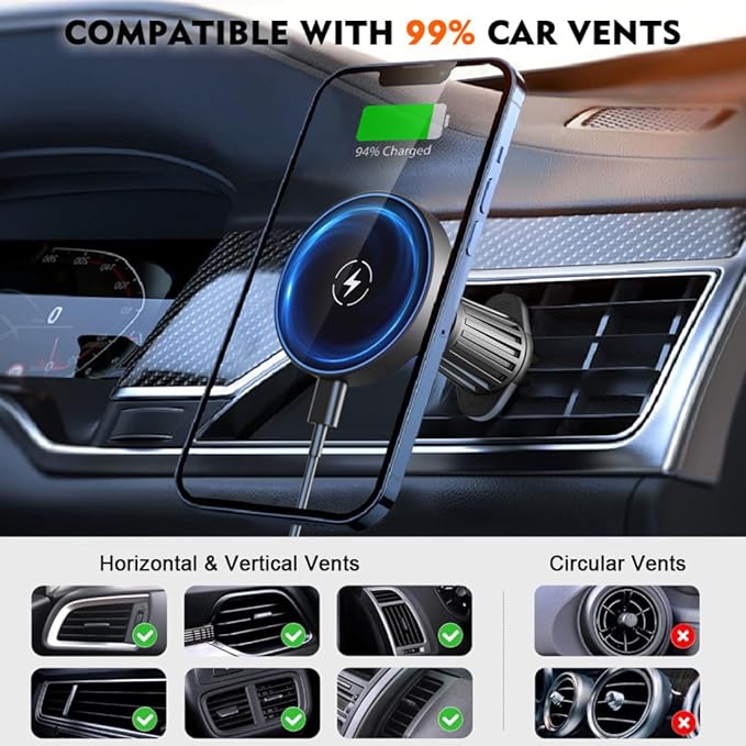 2025 Compatible with iPhone and Android Car Mount Charger for MagSafe 3-in-1 Wireless Fast Charging with Magnetic Suction Cup Mount for Windshield, Vent, or Dash, Type-C Input, 15W Output Power