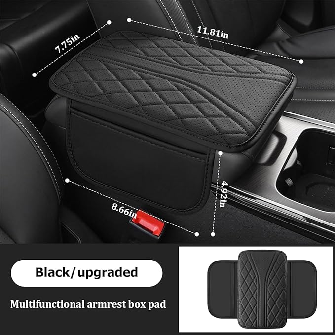 Car Center Console Cover, Leather Vehicle Armrest Box Pad with 2 Storage Bags, Automotive Interior Arm Rest Cushion Protector Accessories, Universal for SUV Sedan Truck (Black)