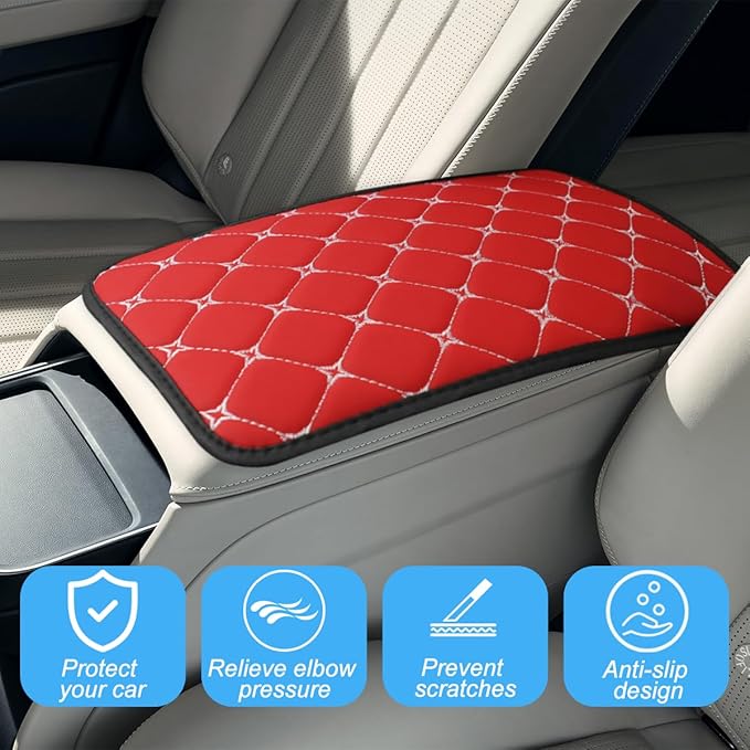 Car Center Console Cushion Pad, PU Leather Vehicle Armrest Cover Protector, Anti-Scratch Automotive Interior Arm Rest Seat Box Mat Accessories, Universal for SUV Sedan Truck (Red)