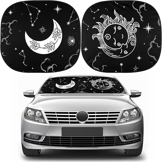 2 PCS Star Moon Windshield Sun Shade for Car Foldable Window Covers for Car Accessories Reflect UV Sun Heat Protector for Universal Cars SUV Truck(Classic Style)