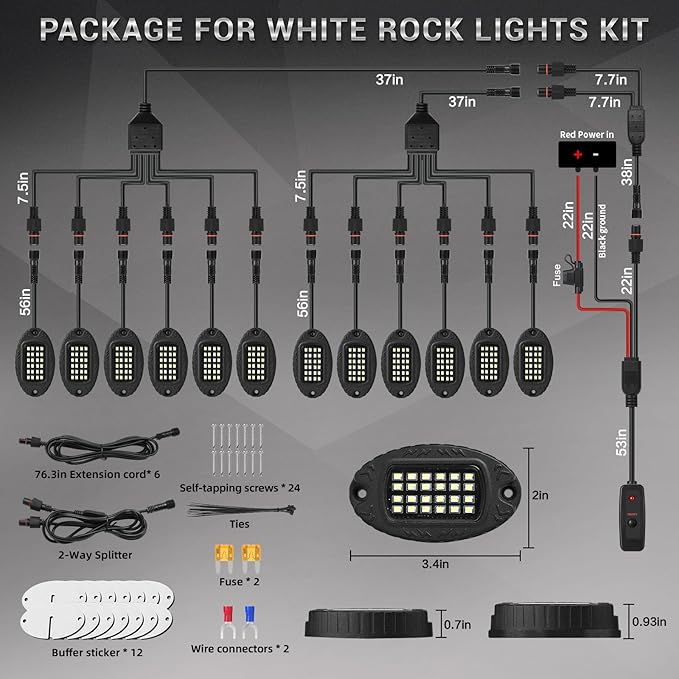 12 Pods Alloy Pure White LED Rock Lights for Trucks Offroad Pickup Boat Fender ATV UTV SUV, Aluminum IP68 Waterproof Shockproof 6500K Super Bright Metal White Underglow Kit with Switch Wiring Harness