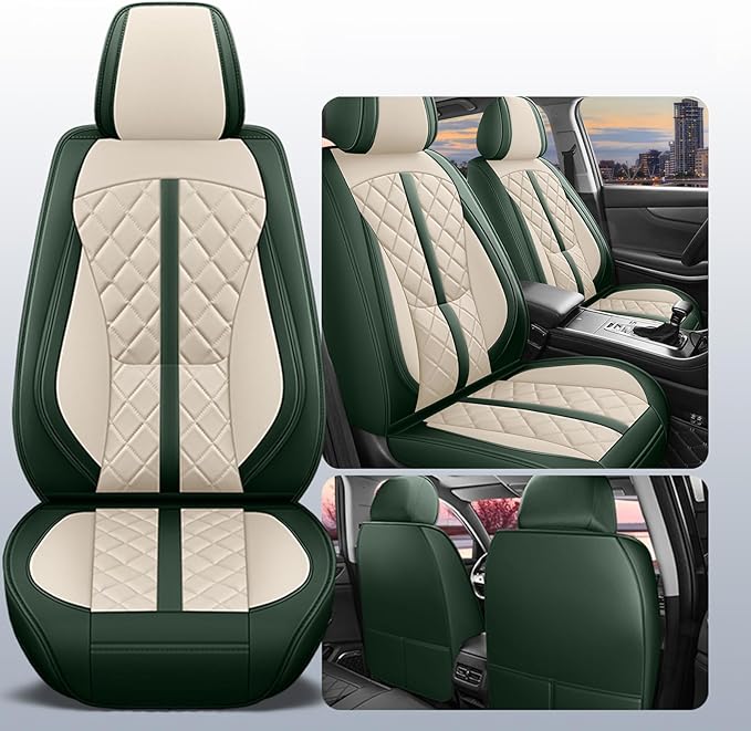 otoez Green Car Seat Covers Full Set, Universal Nappa Leather Seat Cover 5 Seat Waterproof & Breathable Automotive Seat Protector Full Coverage for Cars Sedens, Trucks, SUVs, Vans (White & Green)