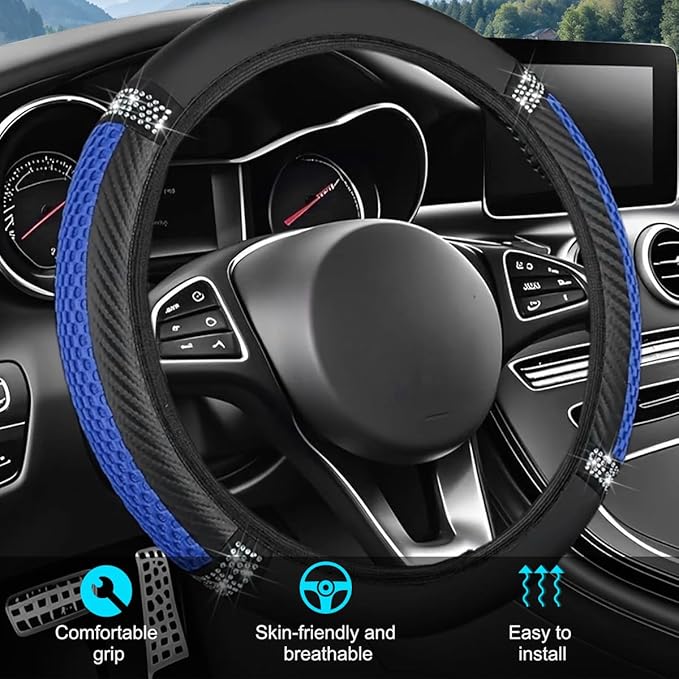 Bling Car Steering Wheel Cover, 15 Inch Elastic Stretch Crystal Rhinestone Vehicle Steering Wheel Protector, Anti-Slip Auto Interior Protective Cover, Universal for SUV RV Truck (Blue)