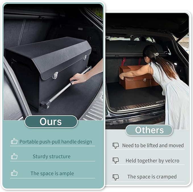 XCF Car Organizer Trunk, Durable Collapsible Leather Trunk Organizer with Lid and Sturdy Handle, Auto Cargo Storage Compartments, SUV/Car Accessories for Men/Women (11.4 x 27 x 12.2, Black)