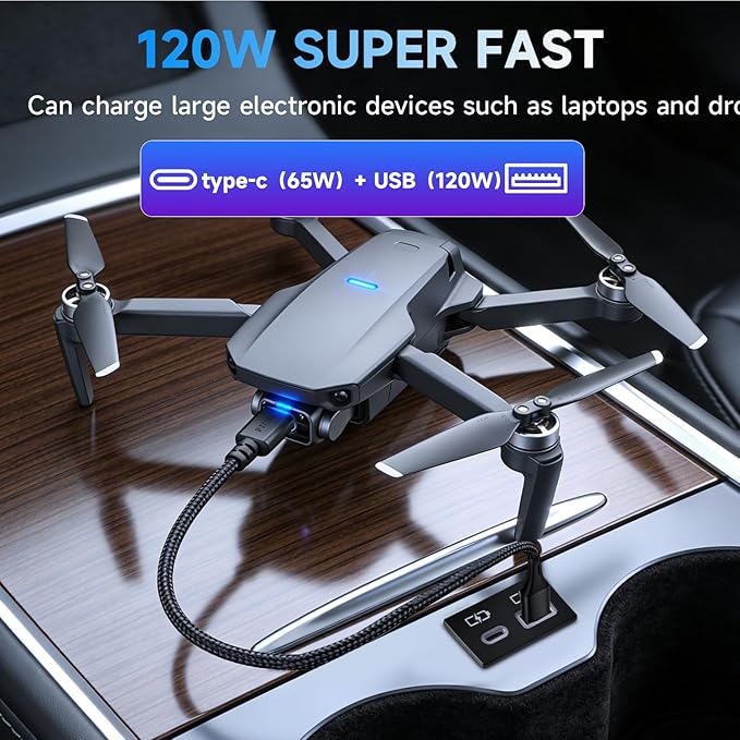 185W Fast Car Charger USB c Dual Port Adapter Center Console Socket for Toyota Camry (Flat USB (120W)+Type-C (65W))