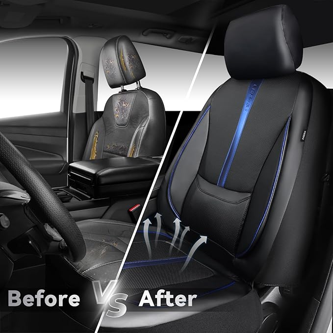 CAR PASS Nappa Leather Two Front Car Seat Covers, Water Resistant Faux PU Leather Seat Covers, 3D Foam Support Automotive Seat Covers Comfortable & Durable Universal Fit for Cars SUV Truck, Black Blue