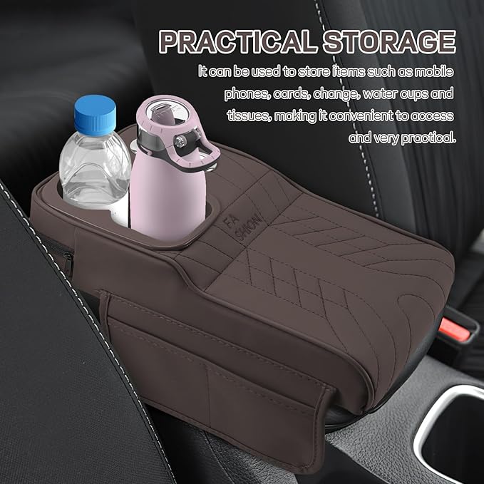 Car Center Console Armrest Pillow, 13.4"×7.5"×2" Leather Auto Arm Rest Cover with Pocket & Tissue Box & Cup Holder, Multifunctional Vehicle Armrest Cushion Pad, Car Accessories (Brown)
