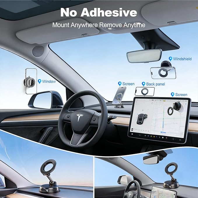 Black Magnetic Phone Holder for Car, Vacuum Suction & 3000gf Magnet, 360° Adjustable Dashboard Mount, Compatible with iPhone & Android