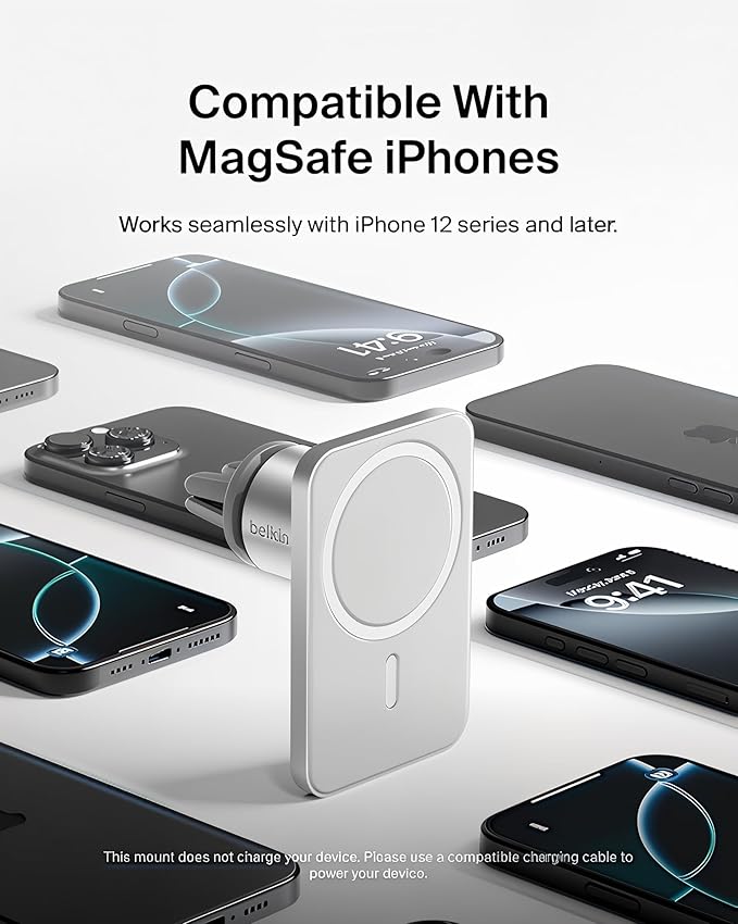Belkin MagSafe Car Vent Mount Pro, Magnetic Phone Holder for iPhone 16/15/14/13/12, Secure Grip, Portrait & Landscape View, Cable Management, Air Vent Clip, Magsafe Compatible, Silver, Includes Cloth