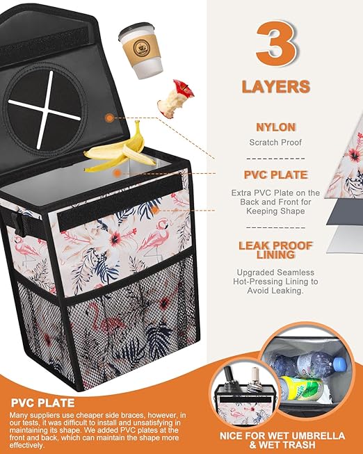 Pritent Car Trash Can with Lid, Cute Leakproof Car Trash Garbage Bag Hanging Vehicle Trash Bin Small Portable Automotive Garbage Cans Organizer for Back/Front Seat(Trapezoid,Flamingo Print