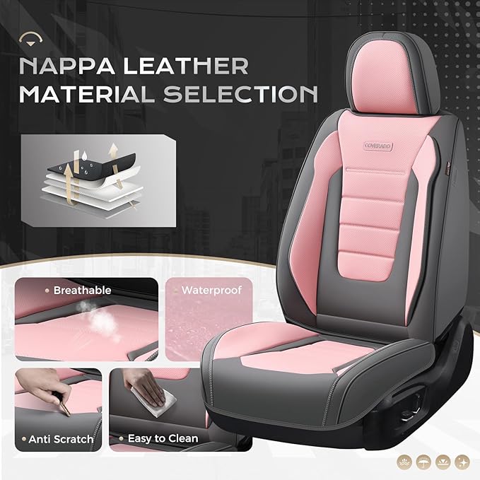 Coverado Car Seat Covers Full Set, Nappa Leather Seat Covers for Cars, Car Seat Protector Car Seat Cushion, Front and Back Seat Protectors Cushions Universal Fit for Most Cars Vehicles(Gray&Pink)