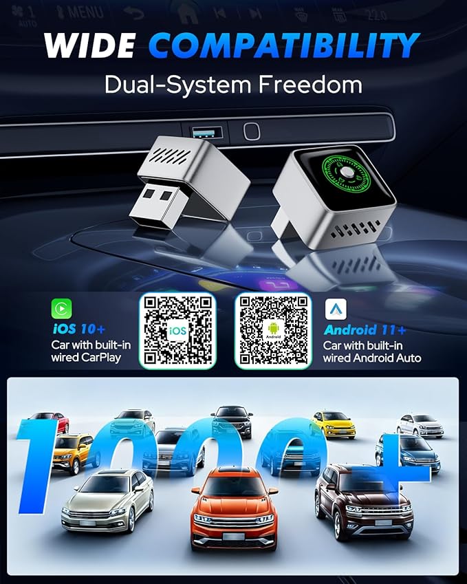 Wireless CarPlay Adapter - 1-Click Multi-Device Switch for Family Rides, Fast Auto Reconnect, CarPlay & Android Auto, iOS 10+/Android 11+, Multifunctional Button, OTA Upgrade