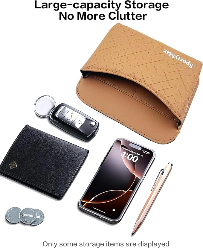 Car Door Organizer, PU Leather Storage Pouch with Strong Sticky Back for Phone, Keys - Fits Car Seat Side Pocket & Console Gap, Universal Car Accessories - Brown