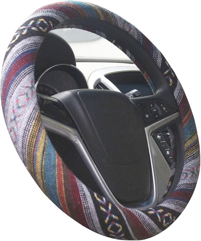 Large Ethnic Style Coarse Flax Cloth Automotive Steering Wheel Cover Anti Slip and Sweat Absorption Auto Car Wrap Cover (15.25''-16'', E)